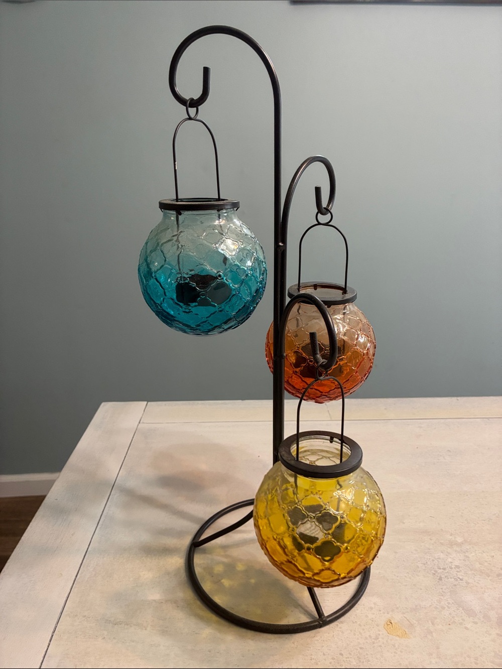 Decorative Three-Glass Hanging Lanterns - Blue, Orange, Yellow